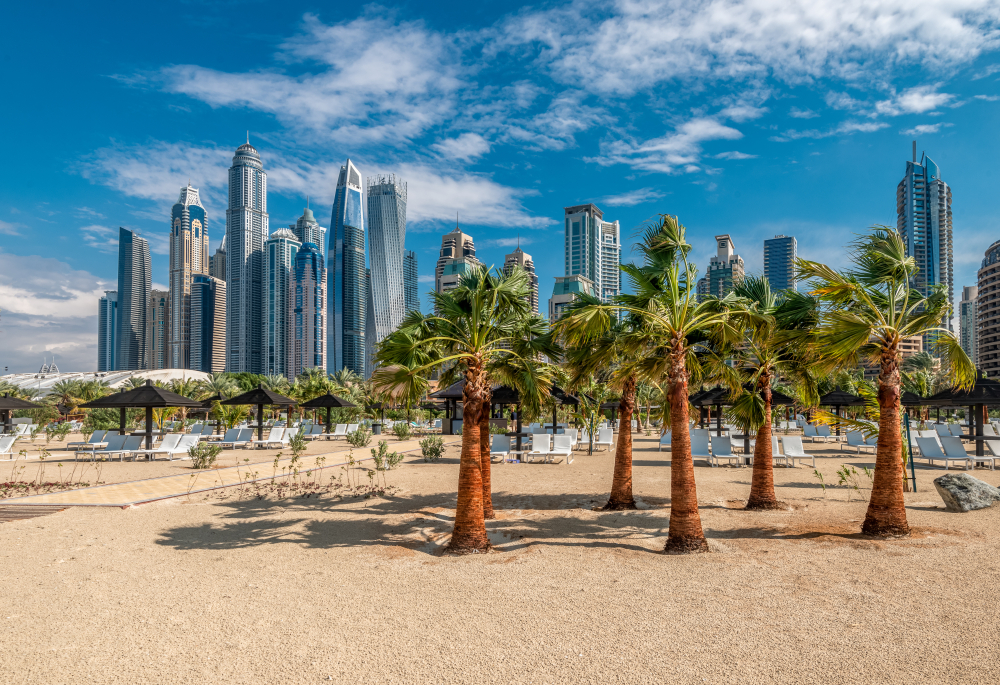 Sandy,Beach,With,Palm,Trees,Against,The,Background,Of,Dubai dubaj plaz