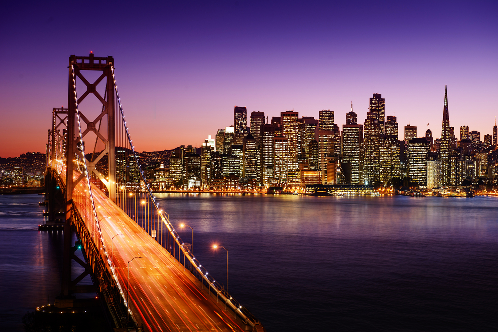 San,Francisco,Skyline,And,Bay,Bridge,At,Sunset,,California san francisco bay bridge