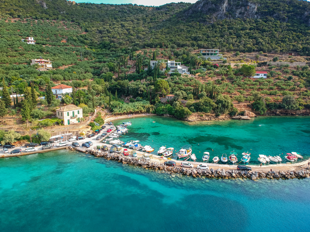 Aerial,Panoramic,View,Of,The,Beautiful,Coastal,Village,Kitries,,Located kalamata grecko