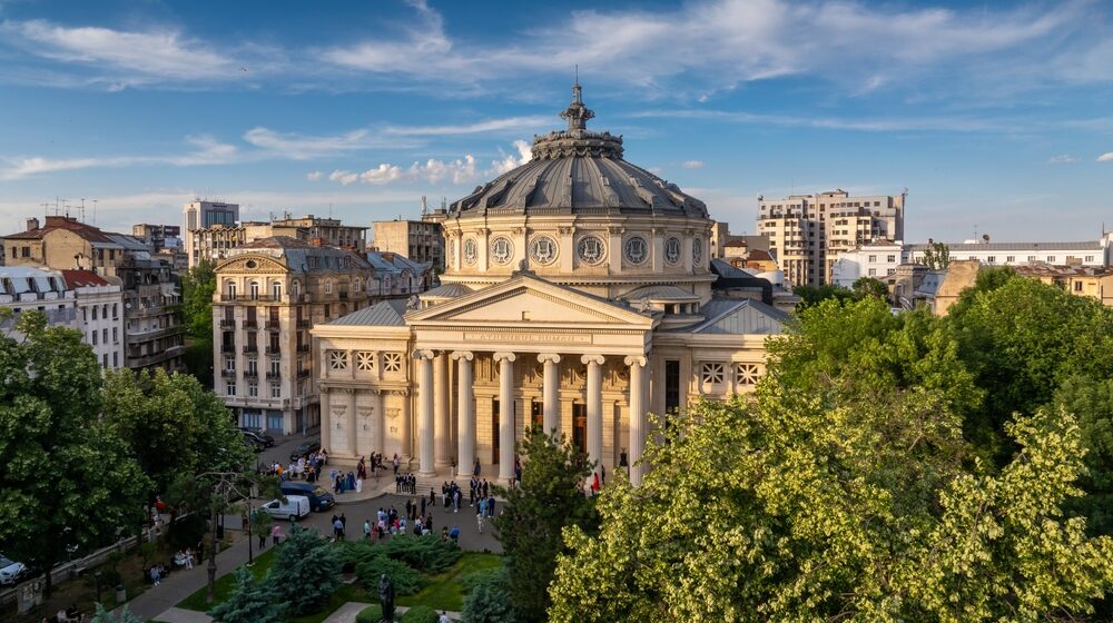 Romanian,Atheneum,In,Bucharest,During,A,Summer,Sunset.,Aerial,View bukurest