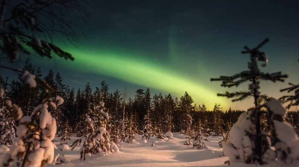 Northern,Lights,Over,Snowy,Forest,Outside,Of,Rovaniemi,,Lapland Z Prahy priamo do dedinky Santa Clausa. Nová linka vás zavedie do srdca fínskeho Laponska